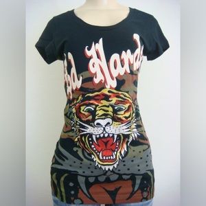 Ed Hardy Women New Tiger Black Short Sleeve Round Neck Long Shirt